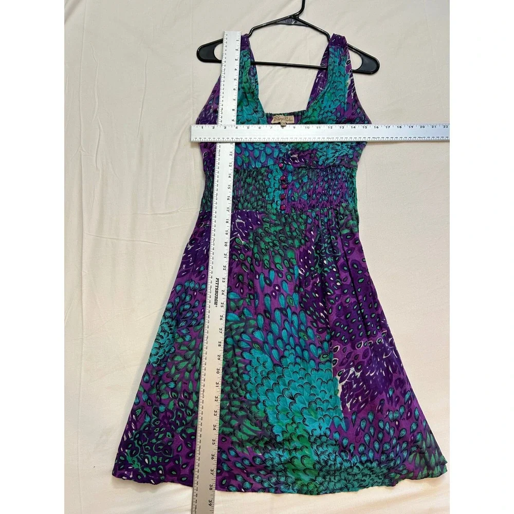 Fairycore Hippie Boho Womens Purple Teal Peacock Cotton Smocked Waist Dress S/M - Picture 3 of 7